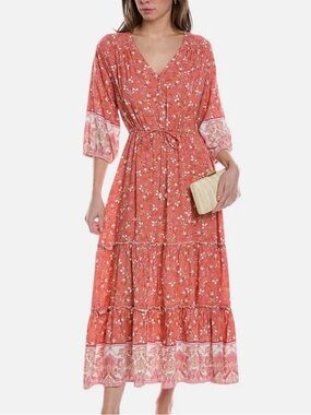 Coral Floral Tiered V-Neck Maxi Dress with Drawstring Waist